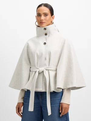 Exact Women's Grey Melange Belted Cape Jacket