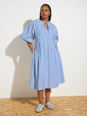 Women's Canvas Puff Sleeve Fit & Flare Dress Stripe