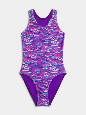TS KB Girls Wave AOP Purple Racerback Swimsuit