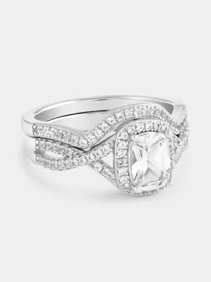 Sterling Silver White Sapphire Rectangle Halo Twinset Ring