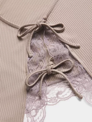 The FIX Women's Brown Rib Front Lace Top