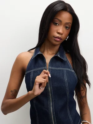 The FIX Women's Dark Wash Zip Through Halterneck Top