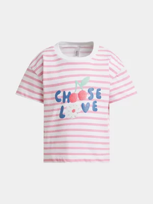 Exact Older Girl's Pink & White Striped Graphic T-Shirt