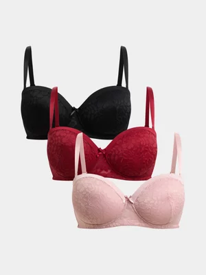 Jet Women’s 3 Pack Blush Red Black Lace Tux Balconette Bra