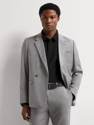 Markham Men's Slim Fit Double Breasted Plain Grey Melange Suit Jacket