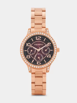 Tempo Rose Plated Burgundy Dial Bracelet Watch 