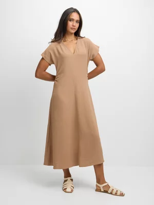 Exact Women's Beige Ruched Midi Dress 