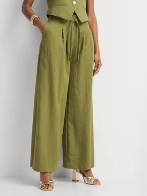 Luella Twill Wide Leg Double Pleat Belted Pants