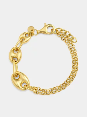 Yellow Gold & Sterling Silver Popcorn Puffy Anchor Link Bracelet 