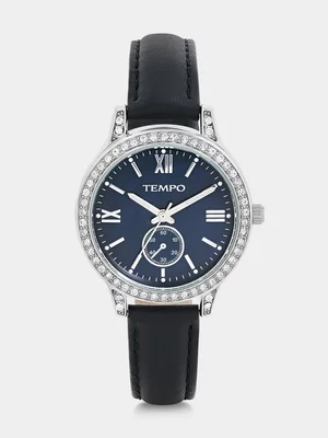 Tempo Silver Plated Navy Mother Of Pearl Dial Navy Leather Watch 