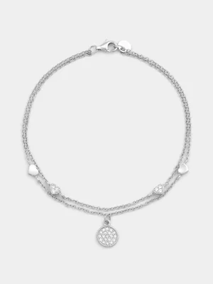 Sterling Silver Cubic Zirconia Heart & Round Disc Double Layer Chain Bracelet 