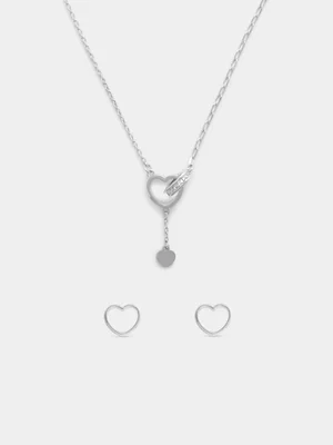 Rhodium Plated Heart Necklet & Stud Earrings Set 