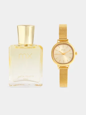 MX Gold Plated Gold Tone Dial Mesh Watch & Fragrance Set  