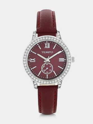 Tempo Silver Plated Berry Mother Of Pearl Dial Berry Leather Watch 