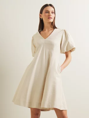 Women's Iconography Puff Sleeve V-neck Godet Dress