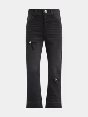 Jet Younger Girls Black Embroided Bow Straight Leg Denim Jean