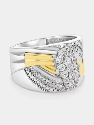 Yellow Gold & Sterling Silver White Sapphire Marquise Swirl Ring  