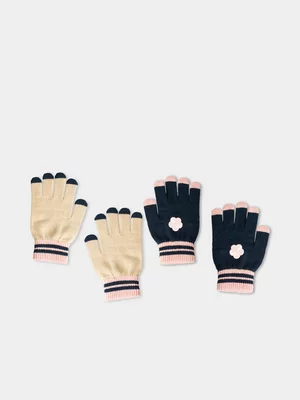 Girl's Navy & Natural 2-Pack Gloves