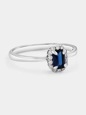 Sterling Silver Sapphire Blue Cubic Zirconia Emerald Halo Ring