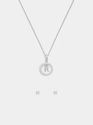 Rhodium Plated Cubic Zirconia Initial R Circle Pendant & Stud Set