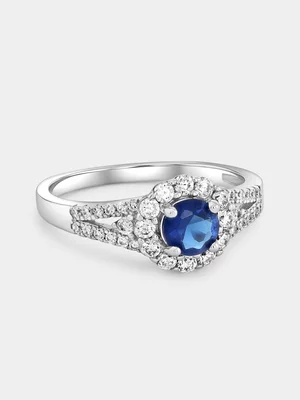 Sterling Silver Blue Cubic Zirconia Petal Halo Ring