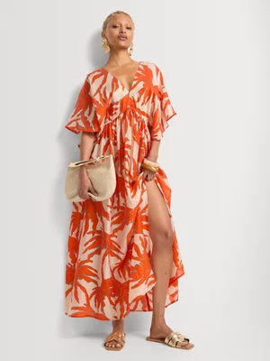 Palm Print Elasticated Waist Kaftan Dress