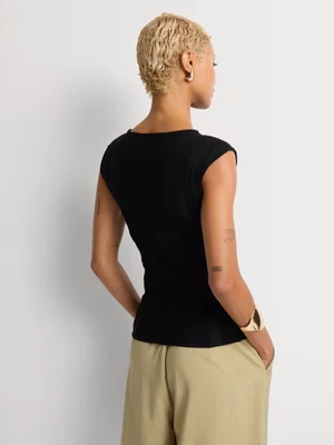 Fitted Knitwear Ribbed Boat Neck Black