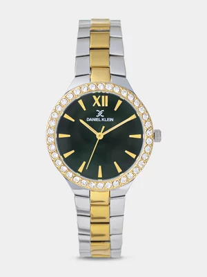 Daniel Klein Gold Plated Green Dial Two-Tone Bracelet Watch 