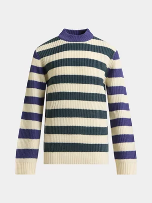 Jet Younger Boys Blue Green Stripe Crew Knitwear