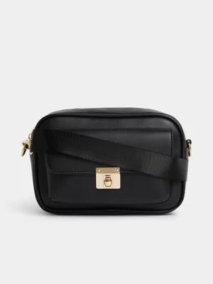 Exact Women's Black Crossbody Bag With Gold Trim