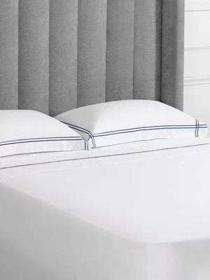 Guest House 400 Thread Count Nautilus Embroidery Flat Sheet White & Navy