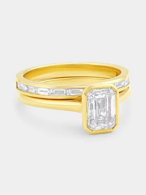 Yellow Gold 2.00ct Lab Grown Diamond Emerald Bezel Twinset Ring