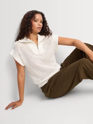 1/4 Zip Openwork Johnny Collar Knit Top