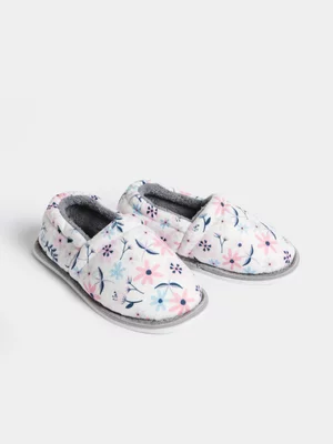 Exact Older Girl's White Floral Print Slippers