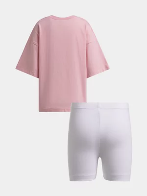 Exact Older Girl's Pink Oversized Top & White Cycling Shorts Set