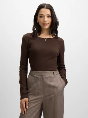 Jet Women’s Brown Rib Round Neck Long Sleeve Top