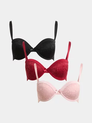 Jet Women’s 3 Pack Blush Red Black Lace Tuxedo Balconette Bra
