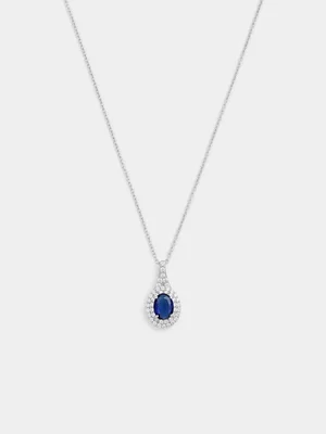 Sterling Silver Blue Cubic Zirconia Oval Double Halo Pendant  