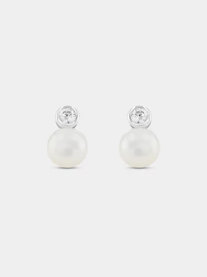 Sterling Silver Freshwater Pearl & Cubic Zirconia Stud Earrings 