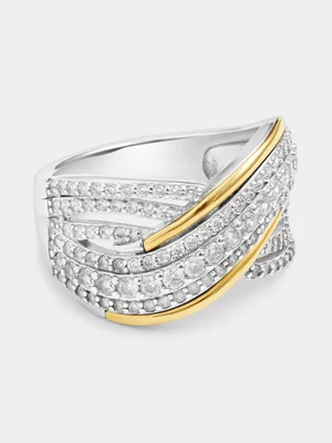 Yellow Gold & Sterling Silver Cubic Zirconia Cross Over Ring