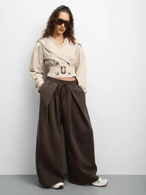 The FIX Women's Brown Fleece Barrel Pants With Exaggerated Pleats