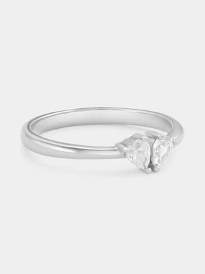 Sterling Silver Cubic Zirconia Pear Two-Stone Heart Promise Ring
