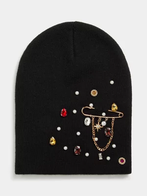 Redbat Unisex Black Jewelled Beanie