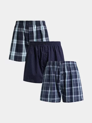 Jet Mens 3 Pack Blue Navy Check Spot Boxer Short