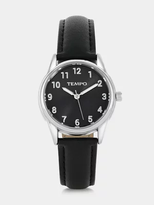 Tempo Silver Plated Black Dial Black Leather Watch 