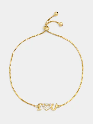 Gold Plated Sterling Silver Cubic Zirconia “I HEART U” Script Slider Bracelet 