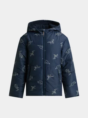 Exact Older Boy's Navy Dino Print Puffer Jacket 