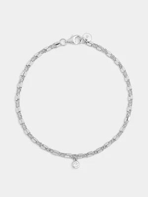 Sterling Silver Cubic Zirconia Round Solitaire Double Chain Bracelet 