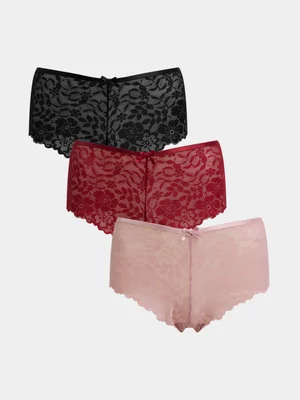 Jet Women's 3 Pack Blush Red Black Lace Bikini Leg Brief 