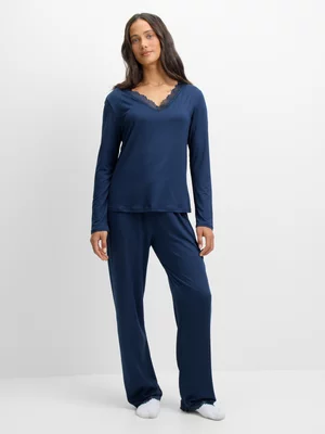 Jet Women's Navy Lace Gold Trim DTY Pyjama Set